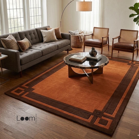 9x12 Mid-Century Modern Burnt Orange Area Rug |70s Revival Geometric Border Hand-Tufted Wool Rug | Organic Modern Custom Rug for Living Room