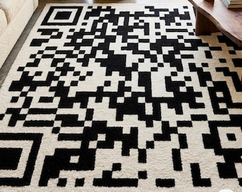 Tappeto personalizzato con codice QR - 2,7 x 3,9 metri, artigianale, trapuntato a mano, con texture 3D - Decorazione moderna e minimalista in bianco e nero - Tappeto interattivo per ufficio e casa
