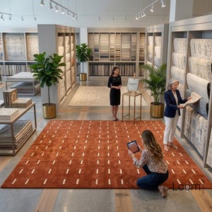 May include: A large, rectangular, burnt-orange area rug with a repeating pattern of small, white, vertical dash marks. The rug is displayed on a polished concrete floor in a showroom setting, surrounded by various rolled rugs on display shelves.