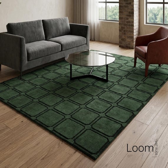 Hand Tufted Green Wool Rug -8x10 Mid Century Modern 3D Carved Geometric Area Rug - Forest Green Luxury Custom Carpet for Living Room Bedroom