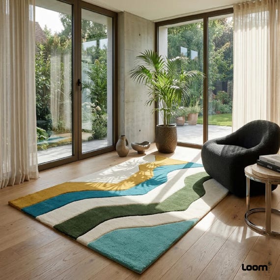 Abstract Wavy Area Rug, Mid Century Modern Tufted Rug, Contemporary Wave Carpet for Living Room, Colorful Boho Geometric Decor | LOOM ART