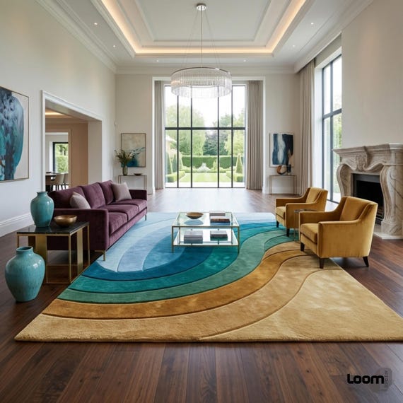 Modern Wave Area Rug - Hand Tufted Blue Teal Gold 3D Textured Carpet - Contemporary Mid Century Modern Rug for Living Room Bedroom Custom