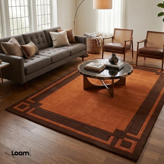 9x12ft Terracotta Art Deco Area Rug with Geometric Brown Border | Mid Century Modern Wool Rug for Living Room | Hand Tufted Custom Size Rug