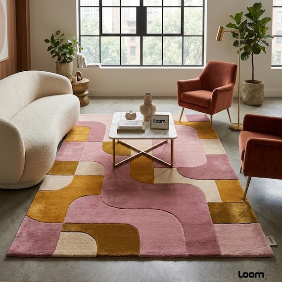 Mid Century Modern Geometric Area Rug | Retro Wavy Pink & Mustard Tufted Wool Rug | Abstract Contemporary Decor for Living Room Bedroom