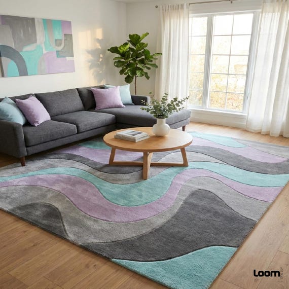 Modern Abstract Wave Area Rug | Teal, Purple & Grey Swirl Rug | Contemporary Cut Pile Living Room Rug | Custom Size Decor | Loom Art Rugs