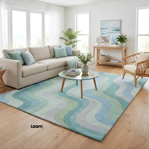 Hand Tufted Pastel Wave Rug, Modern Abstract Loom Art Rug, Aqua Mint Living Room Rug, Soft Contemporary Area Rug, Bedroom Floor Decor