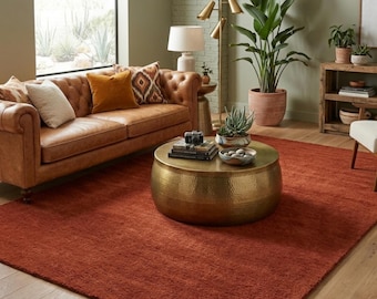 Tappeto color terracotta, tappeto morbido color arancio ruggine, tappeto per soggiorno color arancio bruciato, tappeto a pelo lungo dalla trama profonda, tappeto minimalista su misura, arredamento boho per la casa