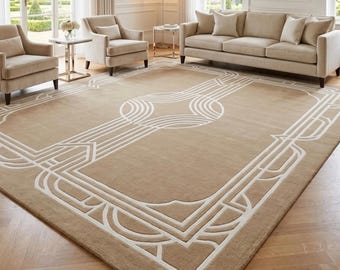 Tappeto moderno Art Déco / Tappeto trapuntato geometrico beige e bianco a rilievo, 274 x 366 cm / Tappeto minimalista di lusso per soggiorno e camera da letto / 244 x 306 cm.