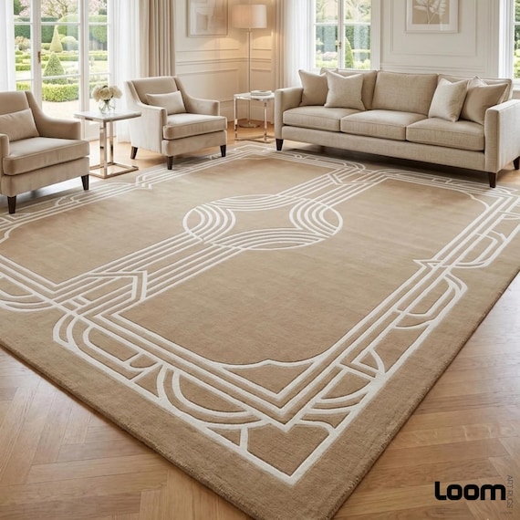Modern Art Deco Area Rug | 9x12ft Beige & White Geometric High-Low Tufted Carpet | Luxury Minimalist Rug for Living Room Bedroom | 8x10ft.