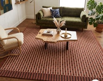 Tappeto in lana a righe color terracotta / Tappeto moderno di metà secolo / Tappeto boho trapuntato a mano per soggiorno / Decorazione organica color ruggine / Misure personalizzate