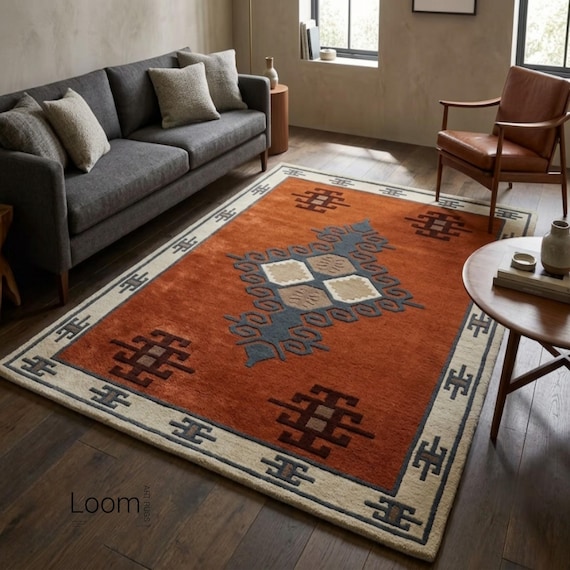 8x10 Hand Tufted Wool Rug Burnt Orange Terracotta Rug, Tribal Geometric Area Rug, Mid Century Modern Rug, Southwestern Wool Carpet, Custom