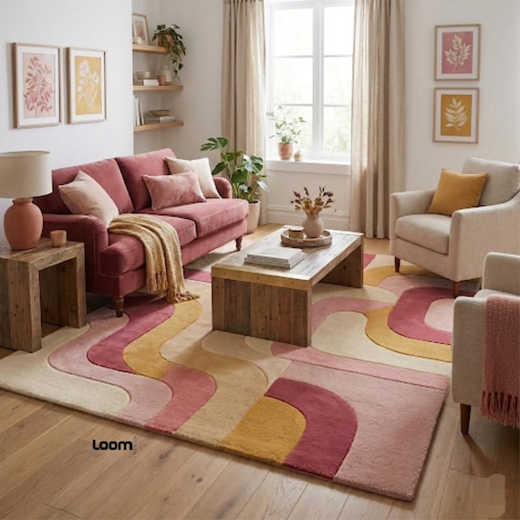 Modern Wavy Hand-Tufted Wool Rug – Retro Abstract Area Rug in Pink, Gold, & Mustard | Mid-Century Modern Boho Decor for Living Room, Bedroom
