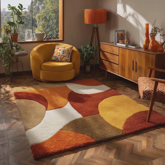 Retro Geometric Wool Rug | Mid Century Modern Hand Tufted Area Carpet | Mustard Orange Brown Abstract Living Room Rug | Vintage 70s Style