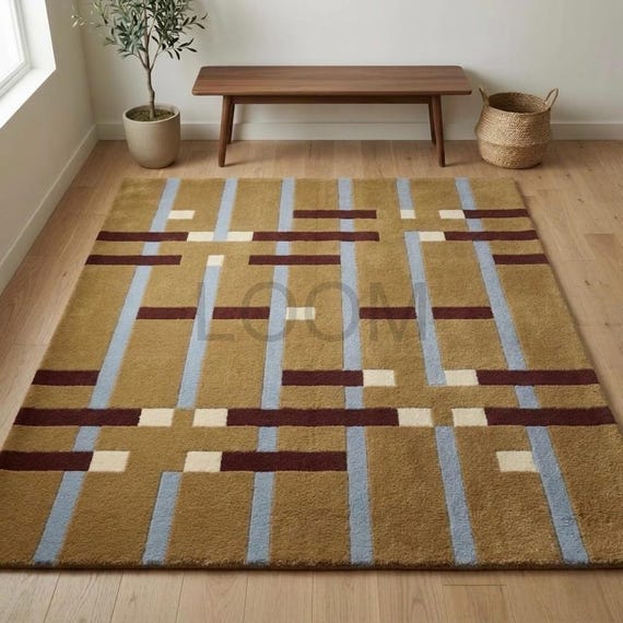 Modern Geometric Hand Tufted Wool Rug - Mustard Ochre Plaid Area Rug - Mid Century Geometric Wool Carpet for Living Room, Bedroom & Office