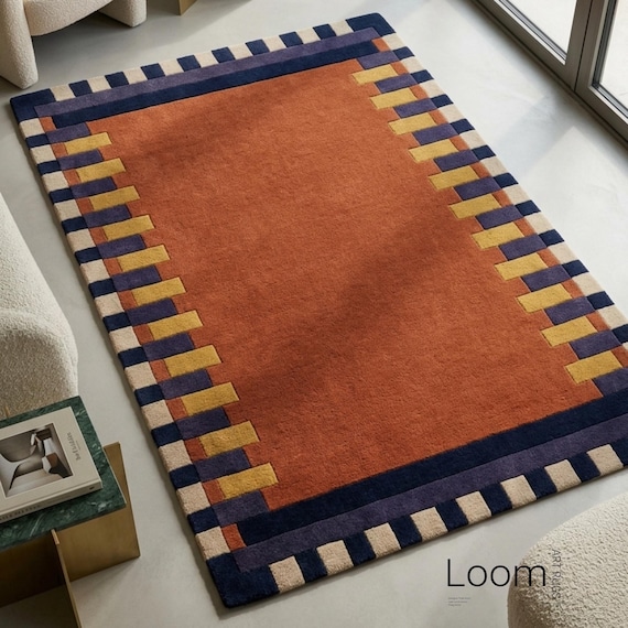 Mid-Century Modern Geometric Area Rug | 9x13 Terracotta, Navy & Mustard Block Border | Hand Tufted Wool Rug for Living Room | Custom Size Ru