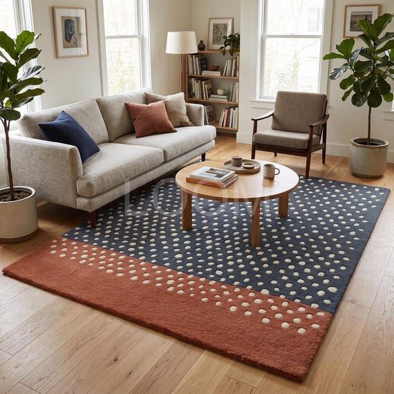 Hand-Tufted Modern Geometric Navy & Terracotta Polka Dot Area Rug | Custom Size New Zealand Wool Carpet for Living Room, Bedroom Floor Decor