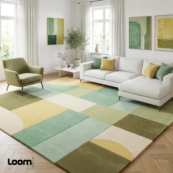 Geometric Color Block Rug, Mid Century Modern Area Rug, Sage Green & Mustard Wool Rug, Abstract Bauhaus Carpet, Living Room Decor, Custom