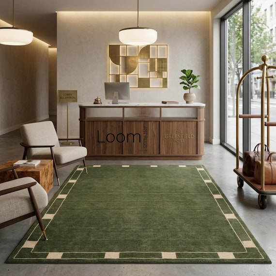 9x12 Hand Tufted Wool Rug Olive Green Area Rug with Checkered Border Modern Minimalist Rug Aesthetic Carpet for Living Room Bedroom Custom