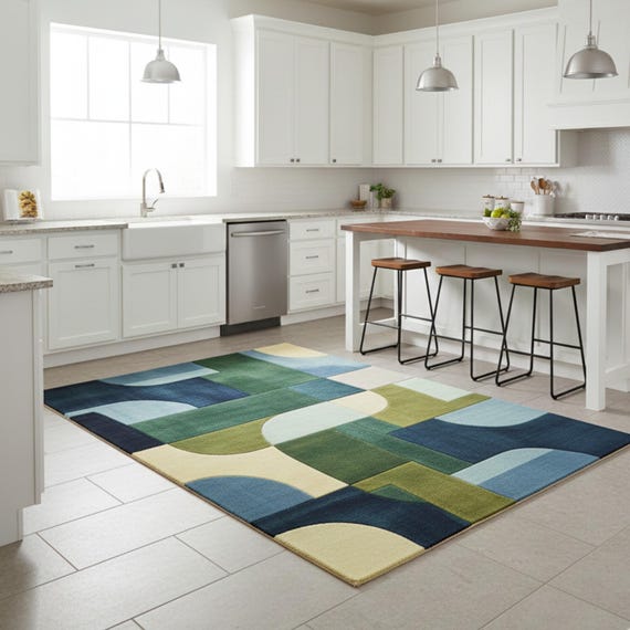 Modern Geometric Area Rug | Blue Green Abstract Living Room Carpet | Mid-Century Modern Decor | Soft Contemporary Floor for Home & Office