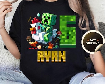 Custom Chicken Jkey MineC Birthday Shirt, MineC Shirt, Personalized Gift for Boys Girls, Kid's Party Shirt, Family Matching, Miner