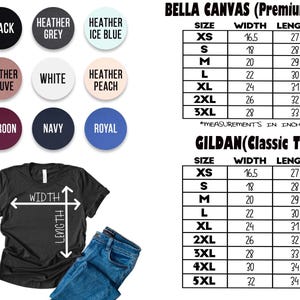 Op de afbeelding: Afbeelding met een zwart t-shirt met breedte- en lengtematen, en kleuropties in cirkels. Maattabellen voor Bella Canvas en Gildan t-shirts worden weergegeven, met afmetingen in inches (omgerekend naar cm).