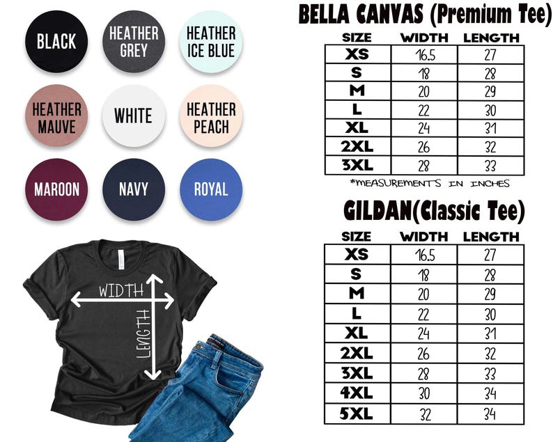 Op de afbeelding: Afbeelding met een zwart t-shirt met breedte- en lengtematen, en kleuropties in cirkels. Maattabellen voor Bella Canvas en Gildan t-shirts worden weergegeven, met afmetingen in inches (omgerekend naar cm).