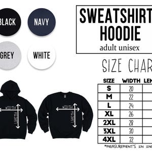 Op de afbeelding: Afbeelding van een zwarte hoodie en sweatshirt met een maattabel. De tabel toont afmetingen in inches voor maten S tot 4XL. Kleuropties zijn zwart, marine, grijs en wit. Tekst luidt "SWEATSHIRT & HOODIE adult unisex."