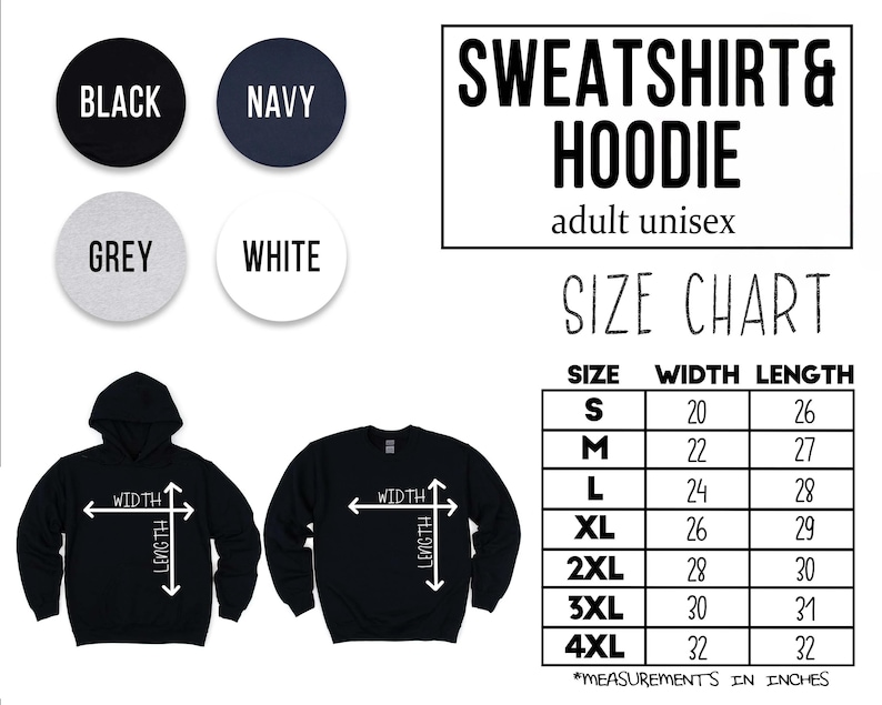 Op de afbeelding: Afbeelding van een zwarte hoodie en sweatshirt met een maattabel. De tabel toont afmetingen in inches voor maten S tot 4XL. Kleuropties zijn zwart, marine, grijs en wit. Tekst luidt "SWEATSHIRT & HOODIE adult unisex."