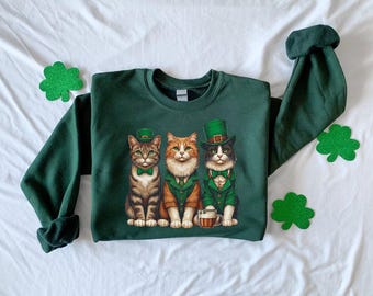 St. Patrick's Day Cat Sweatshirt, Funny Irish Kitties Pullover, Lucky Leprechaun Cats Jumper, Shamrock Kitten Crewneck Gift For Cat Lovers