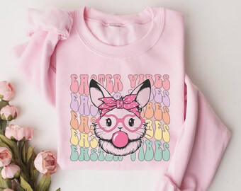 Easter Bunny With Glasses Sweatshirt, Funny Easter Vibes Shirt, Womens Easter Shirt, Kids Easter Sweatshirt, Easter Gift For Bunny Lovers