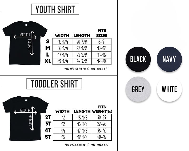 Op de afbeelding: Zwarte T-shirts met maattabellen voor jeugd- en peutershirts. De jeugdshirt-tabel toont afmetingen in inches voor breedte en lengte, met bijbehorende maten. De peutershirt-tabel toont breedte, lengte en gewicht in ponden.