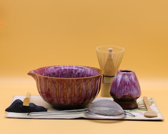 Spersonalizowany, ręcznie robiony zestaw misek do matchy – japońska fioletowa glazura z efektem zmiany koloru pieca, opcja 8 lub 2 szt.