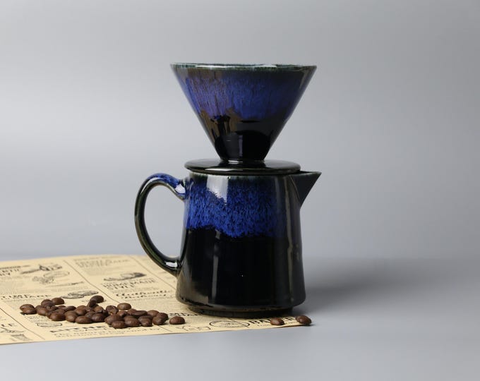 Personalized Handmade Ceramic Pour Over Coffee Set , Dripper + Jug, Kiln-Blue , Artisan Coffee Brewer Gift