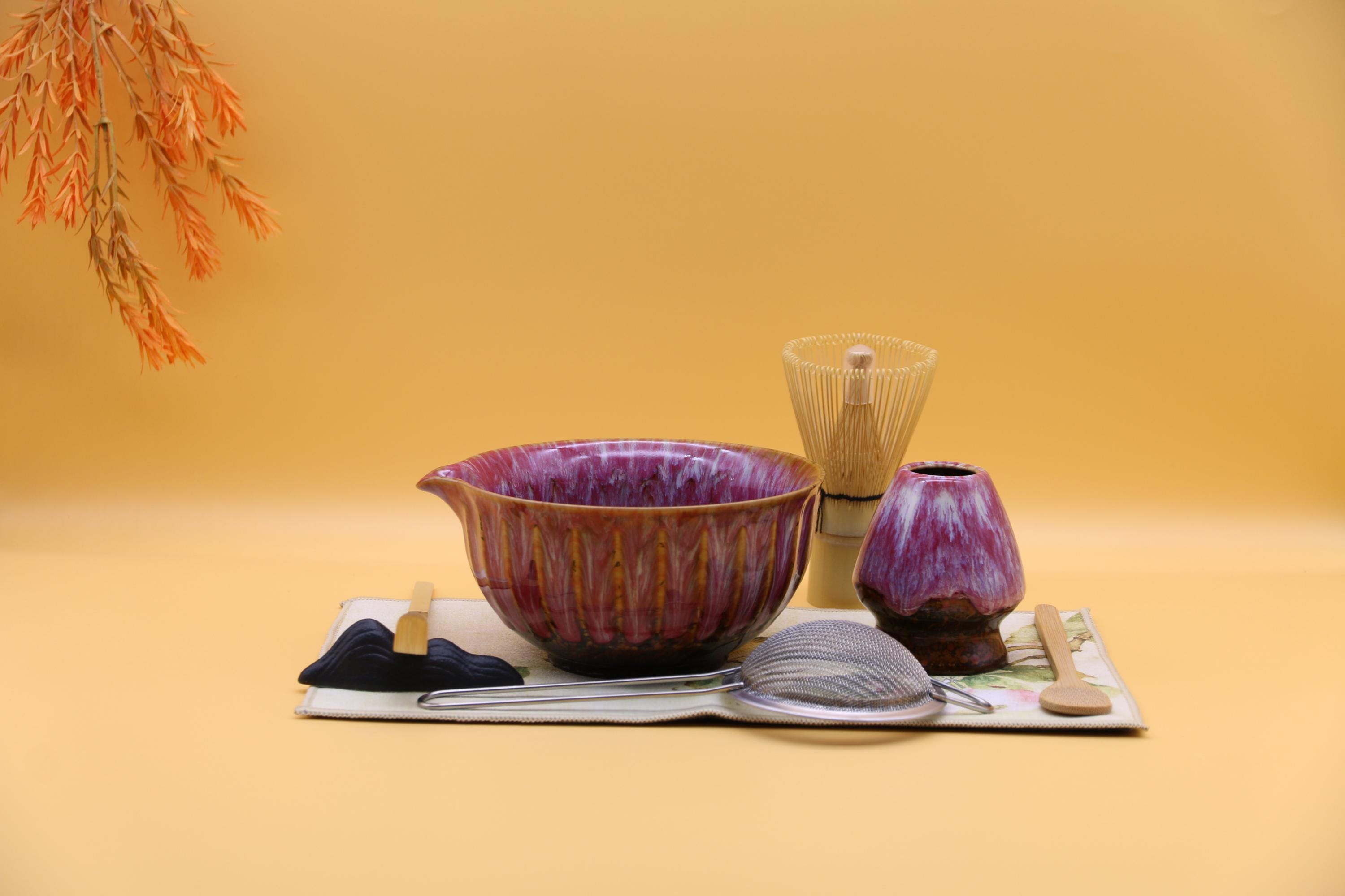Personalized Handmade Matcha Bowl Set – Japanese Kiln-Change Purple Glaze, 8Pcs or 2Pcs Options