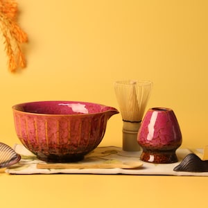 Handmade Matcha Bowl Set – Japanese Kiln-Change Red Glaze, 8Pcs or 2Pcs Options