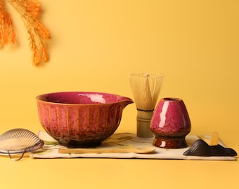 Handmade Matcha Bowl Set – Japanese Kiln-Change Red Glaze, 8Pcs or 2Pcs Options