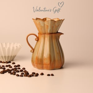 Personalized Handmade Ceramic Pour Over Coffee Set – Dripper + Jug, Petal-Shaped Shino Ware Style, V60, Artisan Coffee Brewer Gift