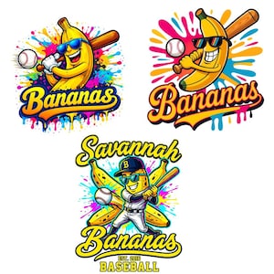 Könnte beinhalten: Drei farbenfrohe Baseball-Grafiken mit anthropomorphen Bananen. Jede Banane trägt eine Sonnenbrille und hält einen Baseballschläger. Das Wort "Bananas" ist in einer stilisierten Schriftart geschrieben. Eine Grafik enthält den Text "Savannah Baseball".