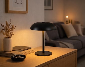 Black LED Mushroom Table Lamp – Modern Rechargeable Wireless Nightlight