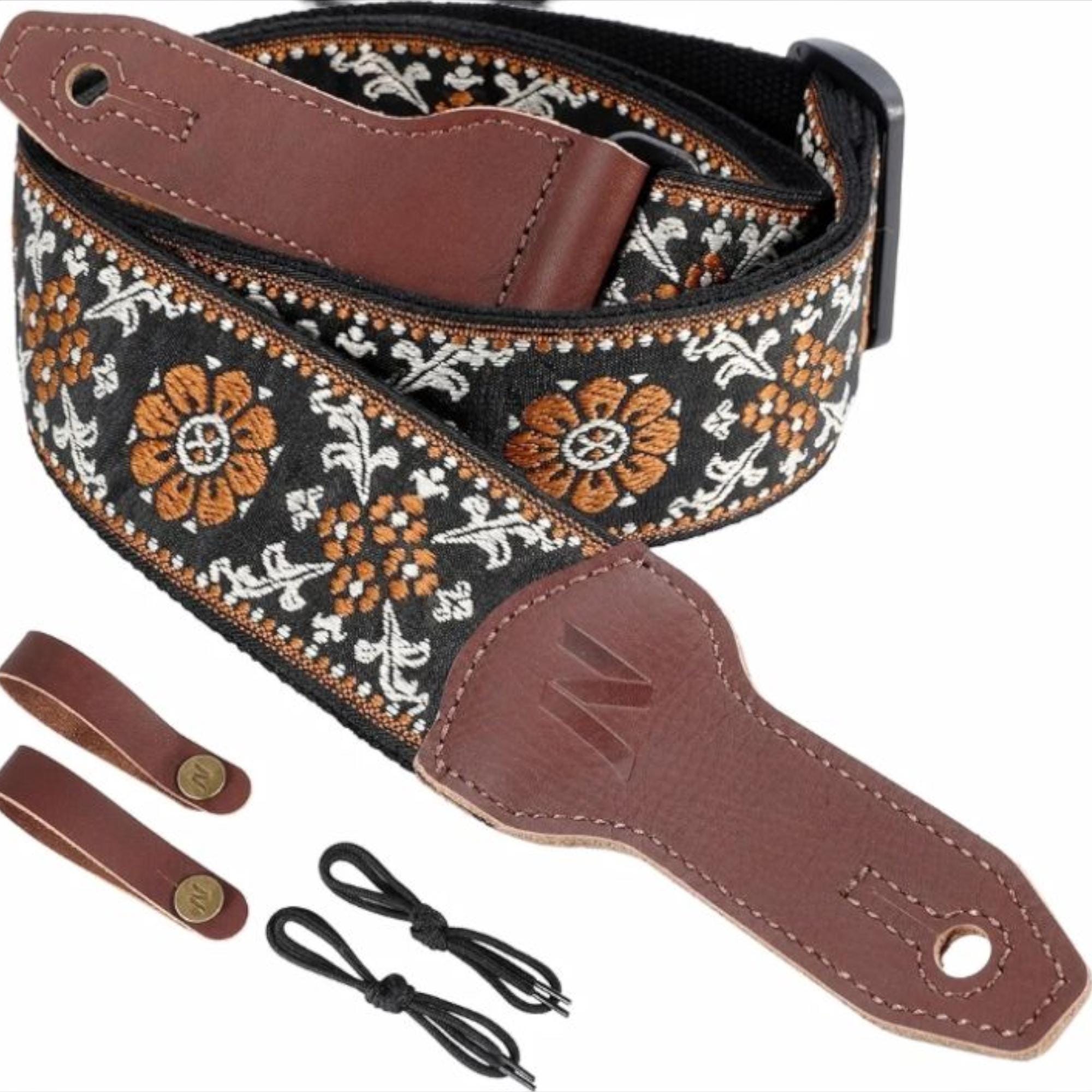 Vintage 70’s Woven Guitar Strap Belt Genuine Leather Brass Buckle Embroidered 1970 main image 2