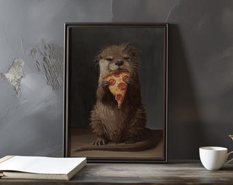 Vintage Otter Painting – Funny Animal Pizza Rustic Wall Art Print for Home Decor