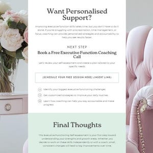 以下が含まれることがあります： 「Want Personalised Support?」と「Book a Free Executive Function Coaching Call」というテキストが書かれたプロモーション画像。ピンク色のタフテッドアームチェア、花瓶に入った花、小さなテーブルも含まれています。