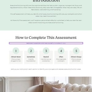 以下が含まれることがあります： 「はじめに」と「この評価を完了する方法」というタイトルの自己評価ガイド。ガイドには、各評価の説明とともに、1から5までの評価スケールが含まれています。画像には、装飾的な枕が付いた、房状のソファの一部も表示されています。