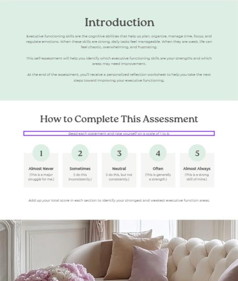 以下が含まれることがあります： 「はじめに」と「この評価を完了する方法」というタイトルの自己評価ガイド。ガイドには、各評価の説明とともに、1から5までの評価スケールが含まれています。画像には、装飾的な枕が付いた、房状のソファの一部も表示されています。