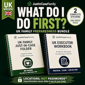 May include: A UK family preparedness bundle featuring two spiral-bound workbooks titled UK Family Just-In-Case Folder and UK Executor Workbook. The cover text includes What Do I First, 2 Complete Systems, and Locations, Not Passwords. The design uses white, green, and dark blue colours with icons of a folder, a checklist, and a padlock.