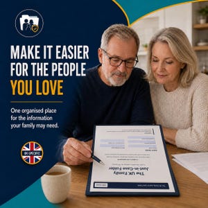 May include: A document titled The UK Family Just-in-Case Folder on a clipboard, with text reading Make it easier for the people you love. One organized place for the information your family may need. A person holds a pen over the document.