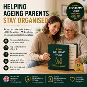 Pode incluir: Uma pasta verde-escura UK Family Just-In-Case com texto e ícones dourados. A capa apresenta o título, um ícone de família e a frase Locations, Not Passwords. As páginas internas incluem seções para informações pessoais, contatos, saúde, finanças, jurídico, propriedade, digital e últimas vontades.