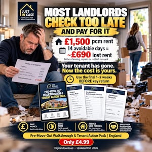 Op de afbeelding: Een digitaal downloadproduct getiteld Pre-Move-Out Walkthrough & Tenant Action Pack voor Engeland. De afbeelding bevat tekst over verhuurderskosten, een persoon met een eindafrekening en diverse documentsjablonen inclusief een checklist.