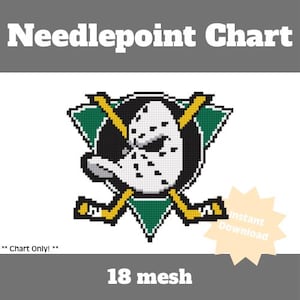 Op de afbeelding: Kruissteekdiagram met het logo van het ijshockeyteam Anaheim Ducks. Het logo bevat een wit hockeymasker met zwarte stippen, gekruiste gele hockeysticks en groene en zwarte accenten. De tekst "Needlepoint Chart" en "18 mesh" zijn ook aanwezig.