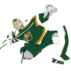 May include: Illustration of a hockey goalie in action, wearing a green, white, and orange uniform. The goalie is in a dynamic pose, with a hockey stick and a helmet with a green, yellow, and white design. The team logo is visible on the jersey.